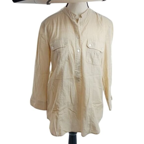 Talbots Womens 12 Beige Tunic Top 3/4 Sleeve Half Button Front Casual Blouse - Picture 1 of 8